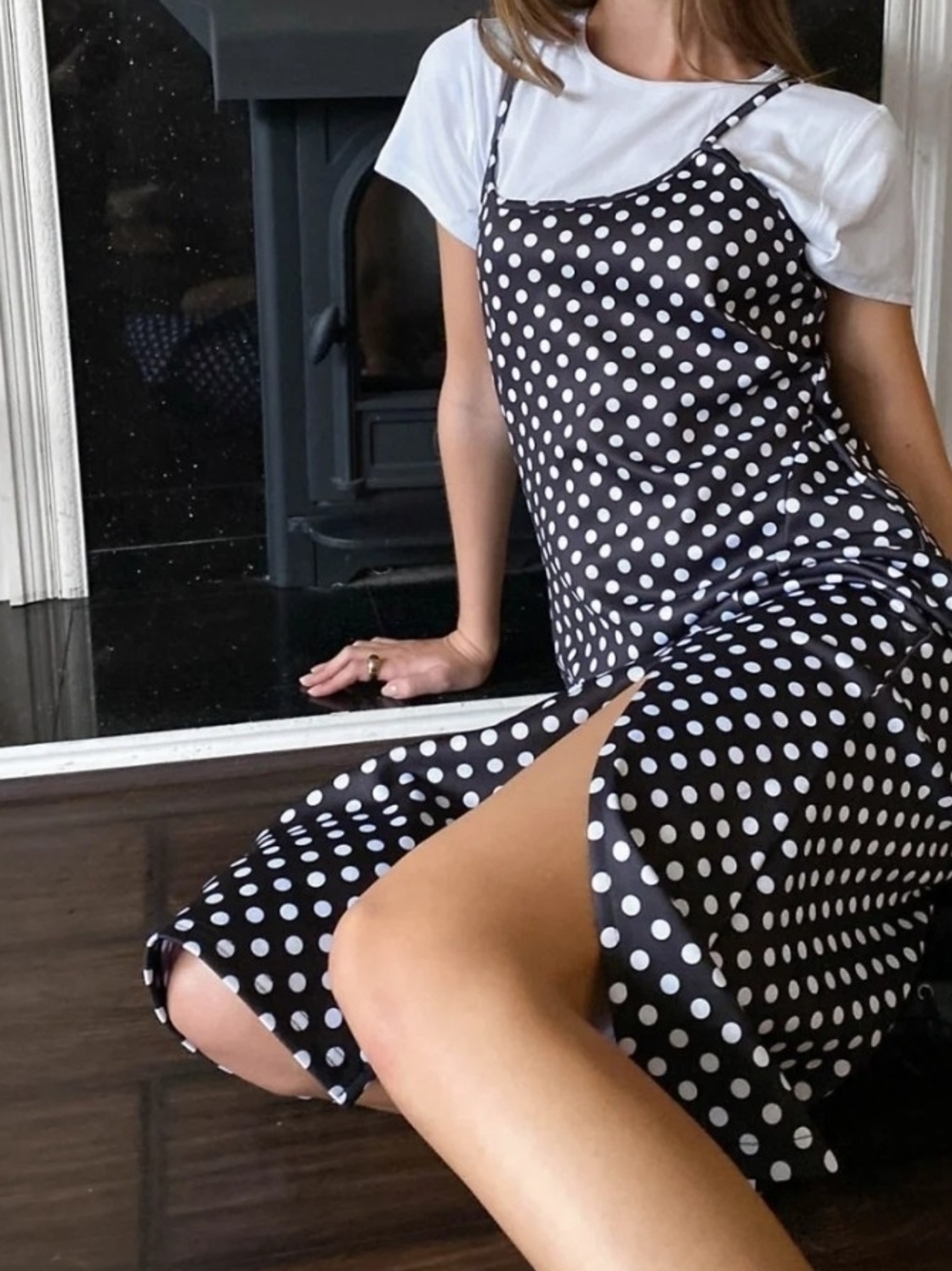 Polka Dot Slip Midi Dress in Black and White